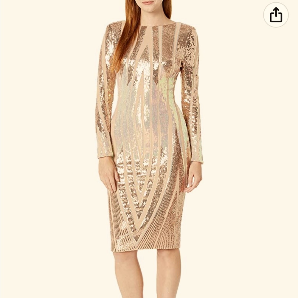 Dress the Population $450 Emery Long Sleeve Stretch Sequin Midi Sheath Small